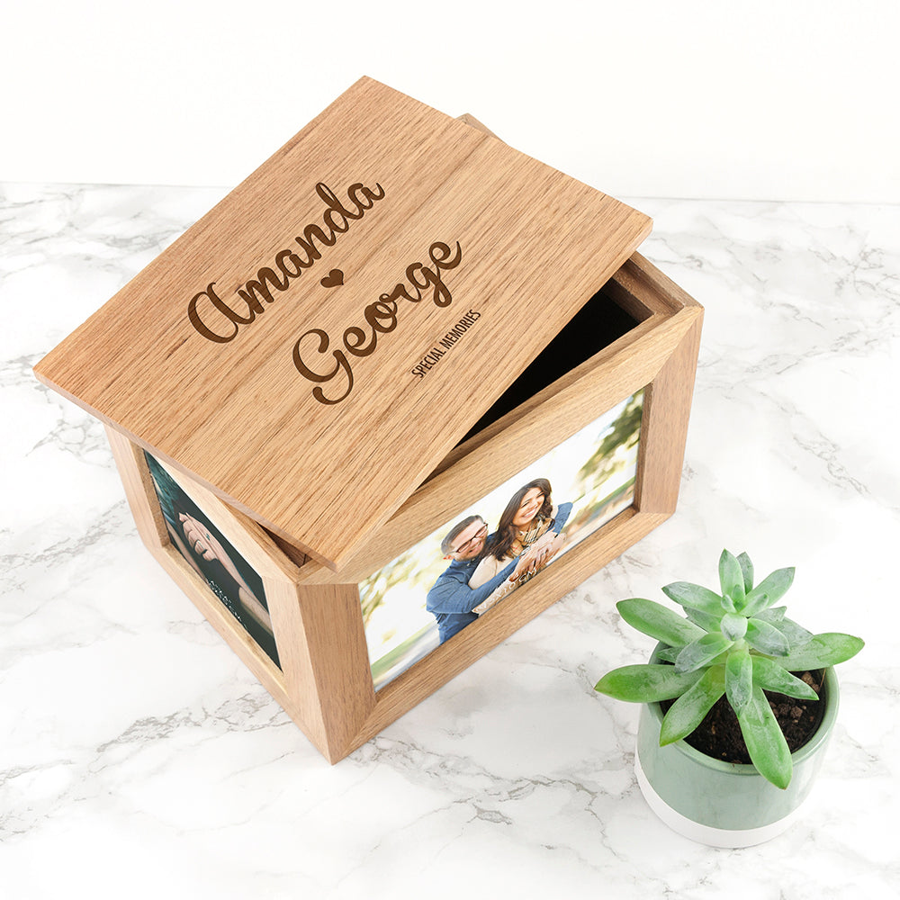 Personalised Name and Heart Midi Oak Photo Cube Keepsake Box
