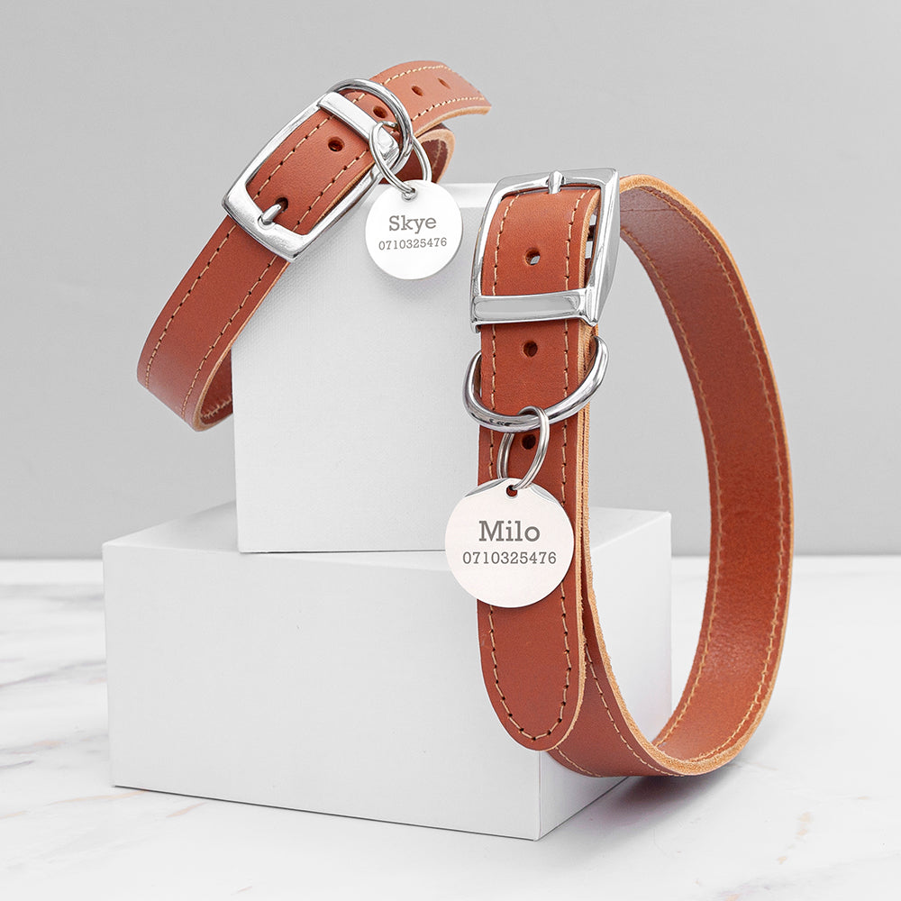 Personalised Classic Brown Leather Dog Collar with Tag