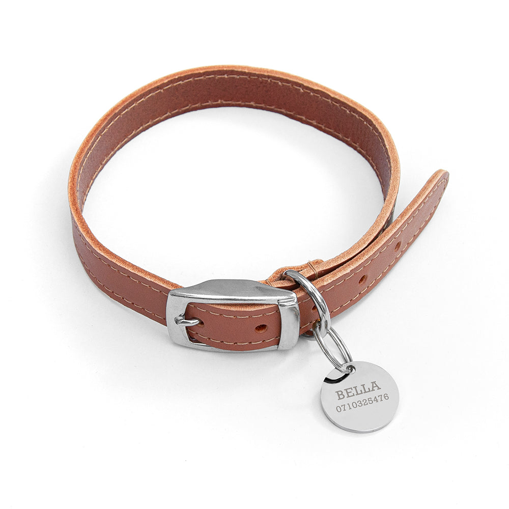 Personalised Classic Brown Leather Dog Collar with Tag