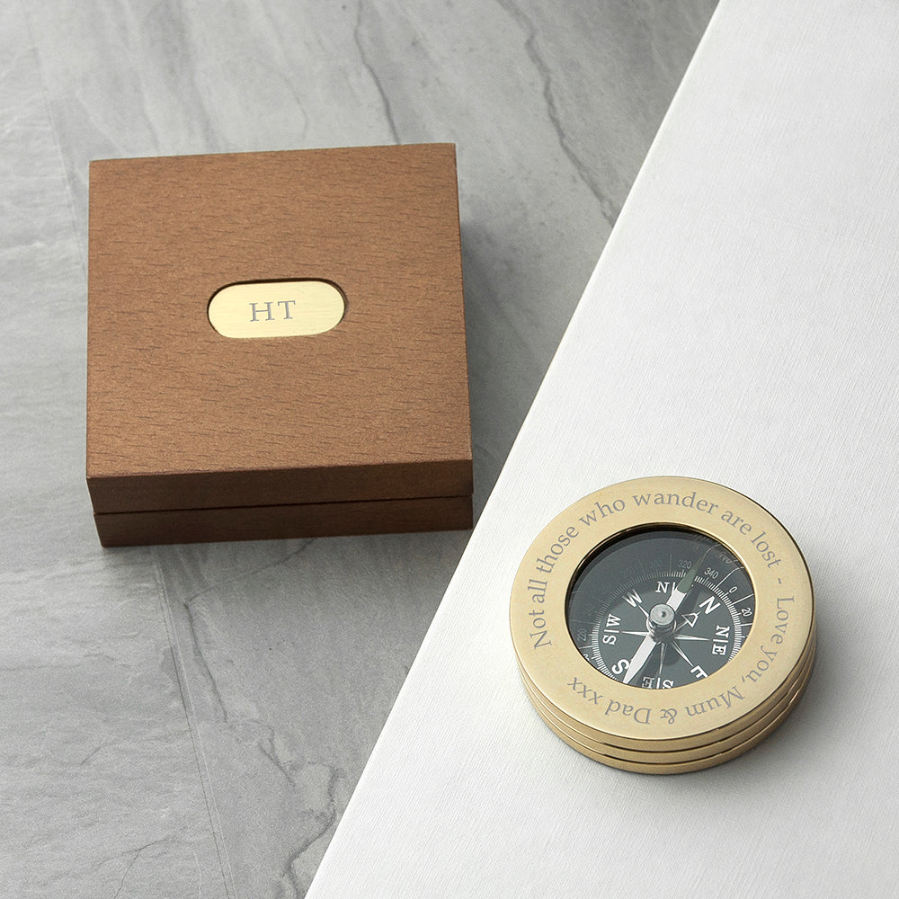 Personalised Brass Travellers Compass with Wooden Box