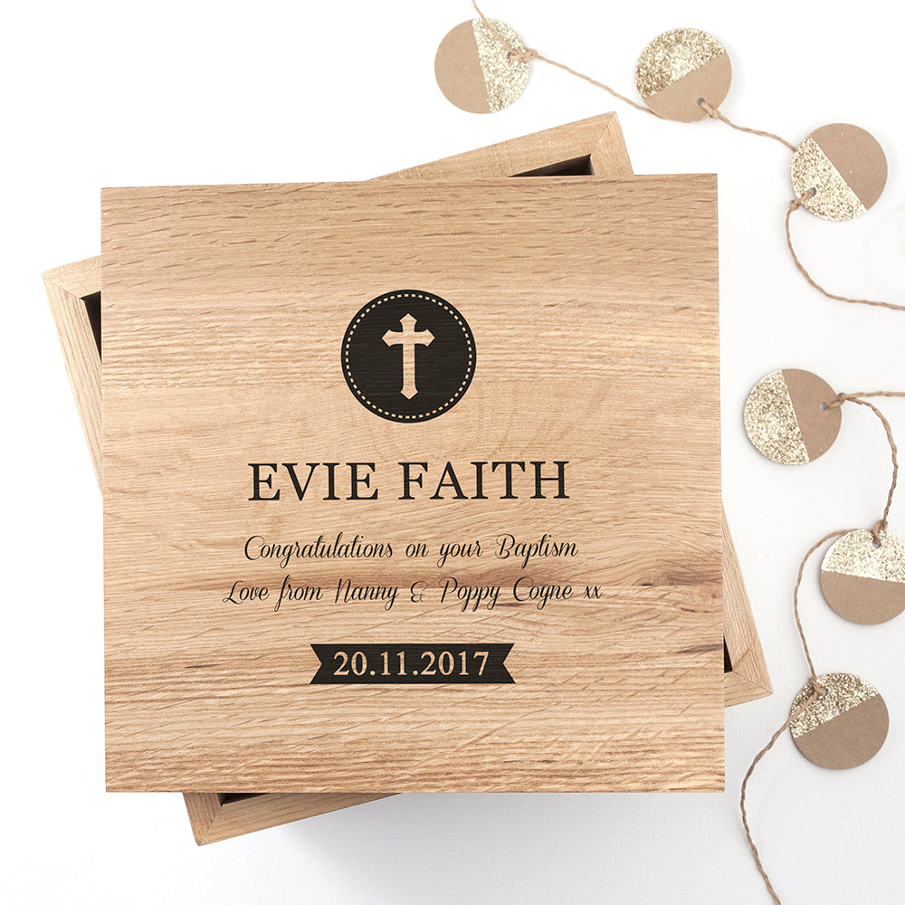Christening Oak Photo Keepsake Box - Cross