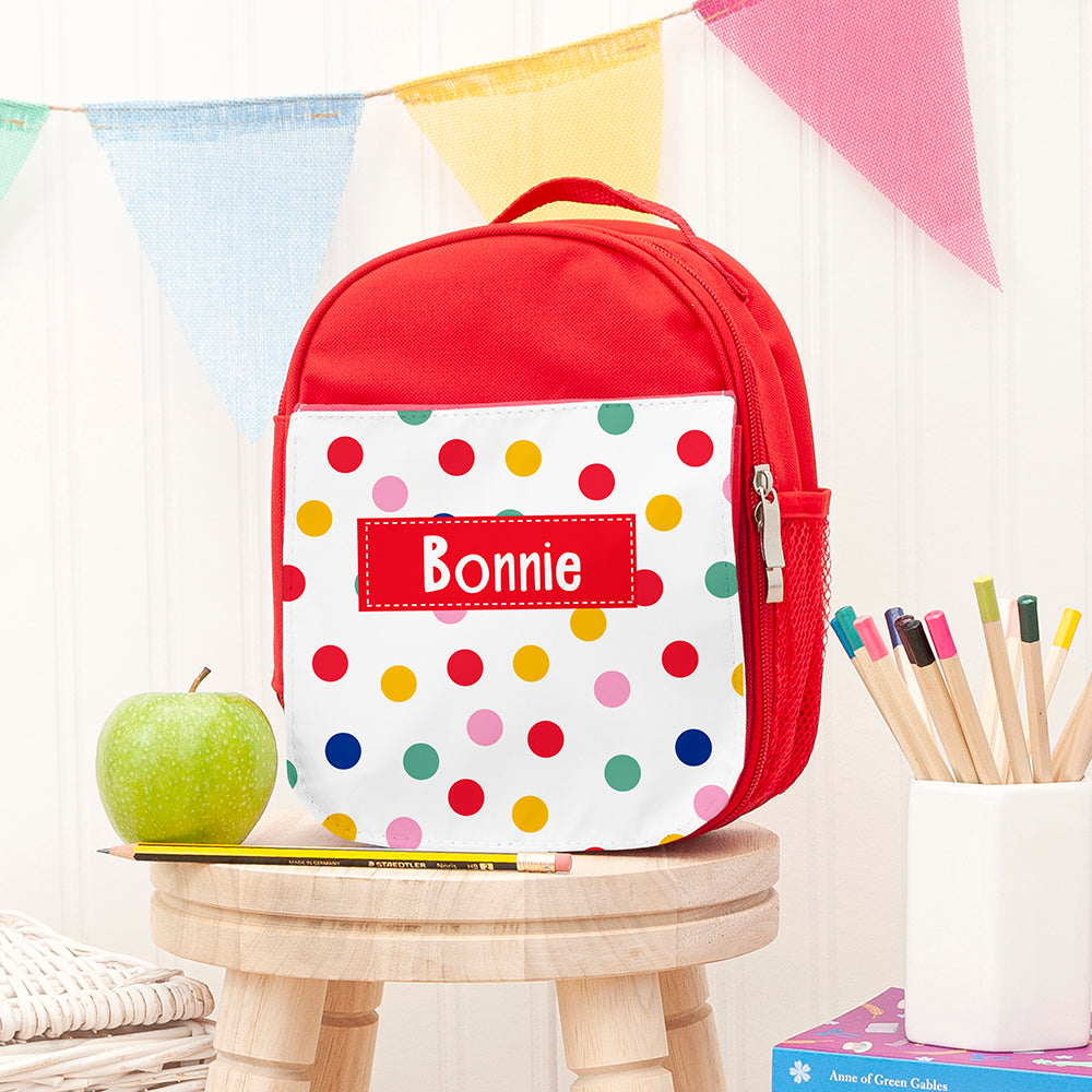 Personalised Children's Red Patterned Lunch Bag