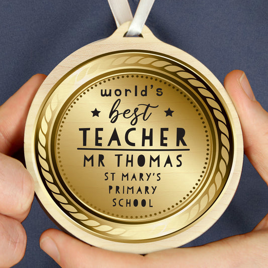 Personalised "World's Best Teacher" Wooden Medal