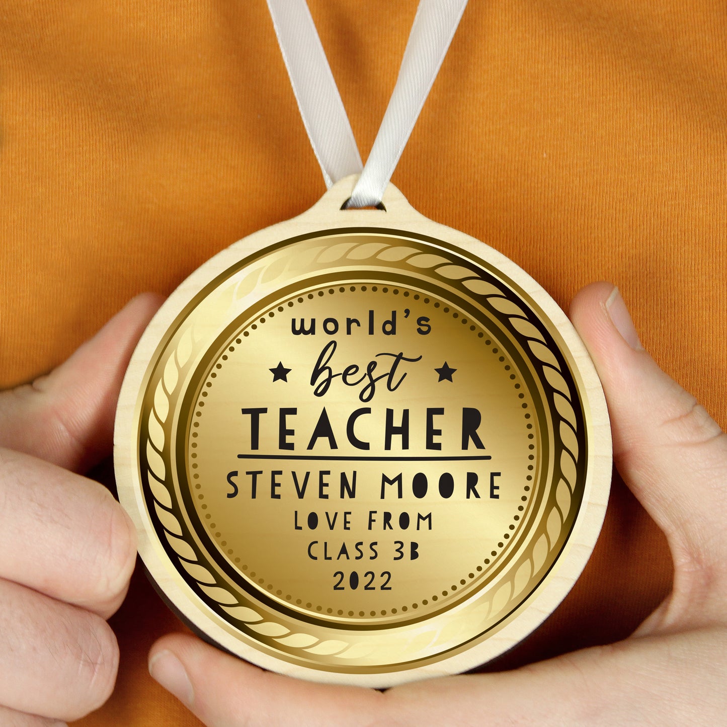 Personalised "World's Best Teacher" Wooden Medal