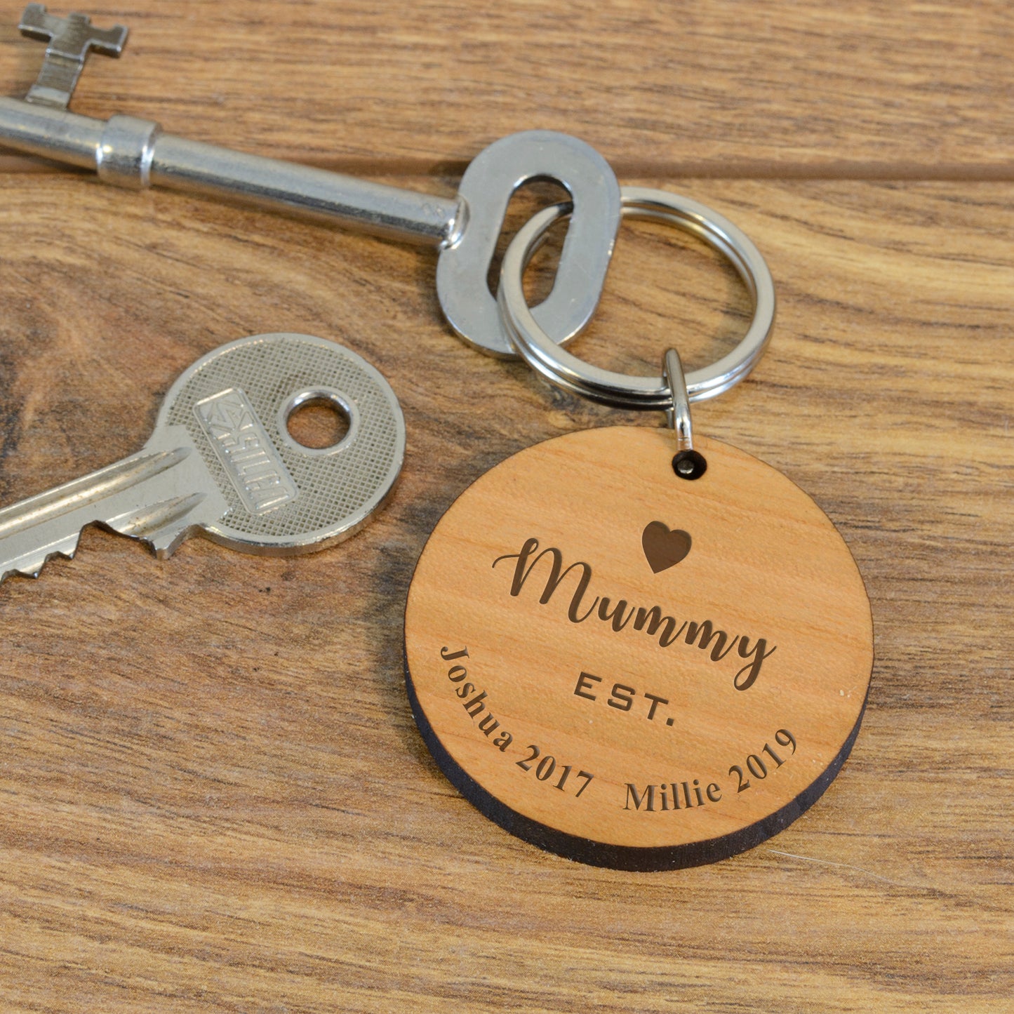 Personalised “Established” Solid Cherry Wood Key Ring