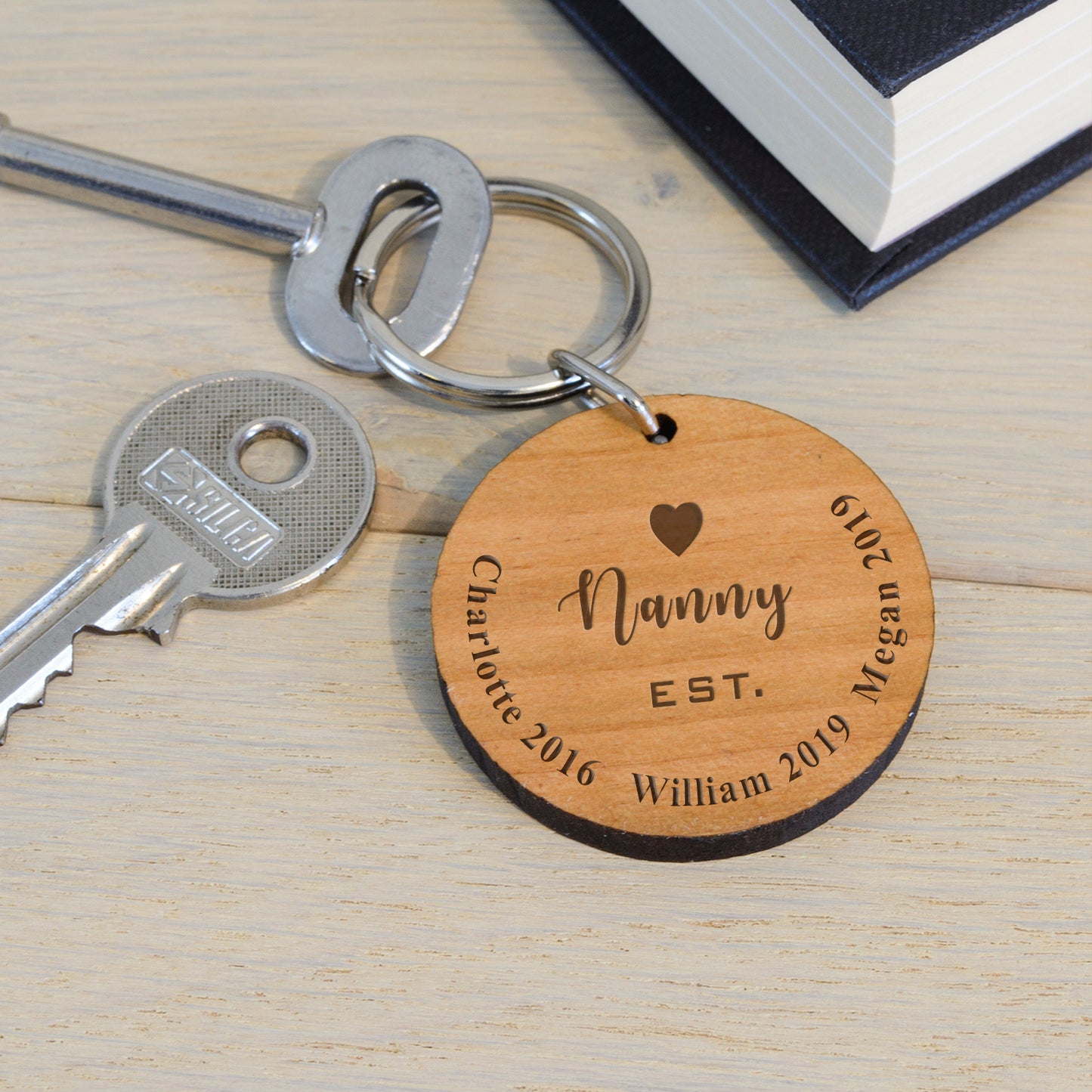 Personalised “Established” Solid Cherry Wood Key Ring