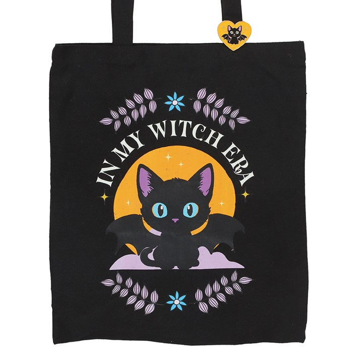 In My Witch Era Bat Cat Polycotton Tote Bag with Enamel Pin