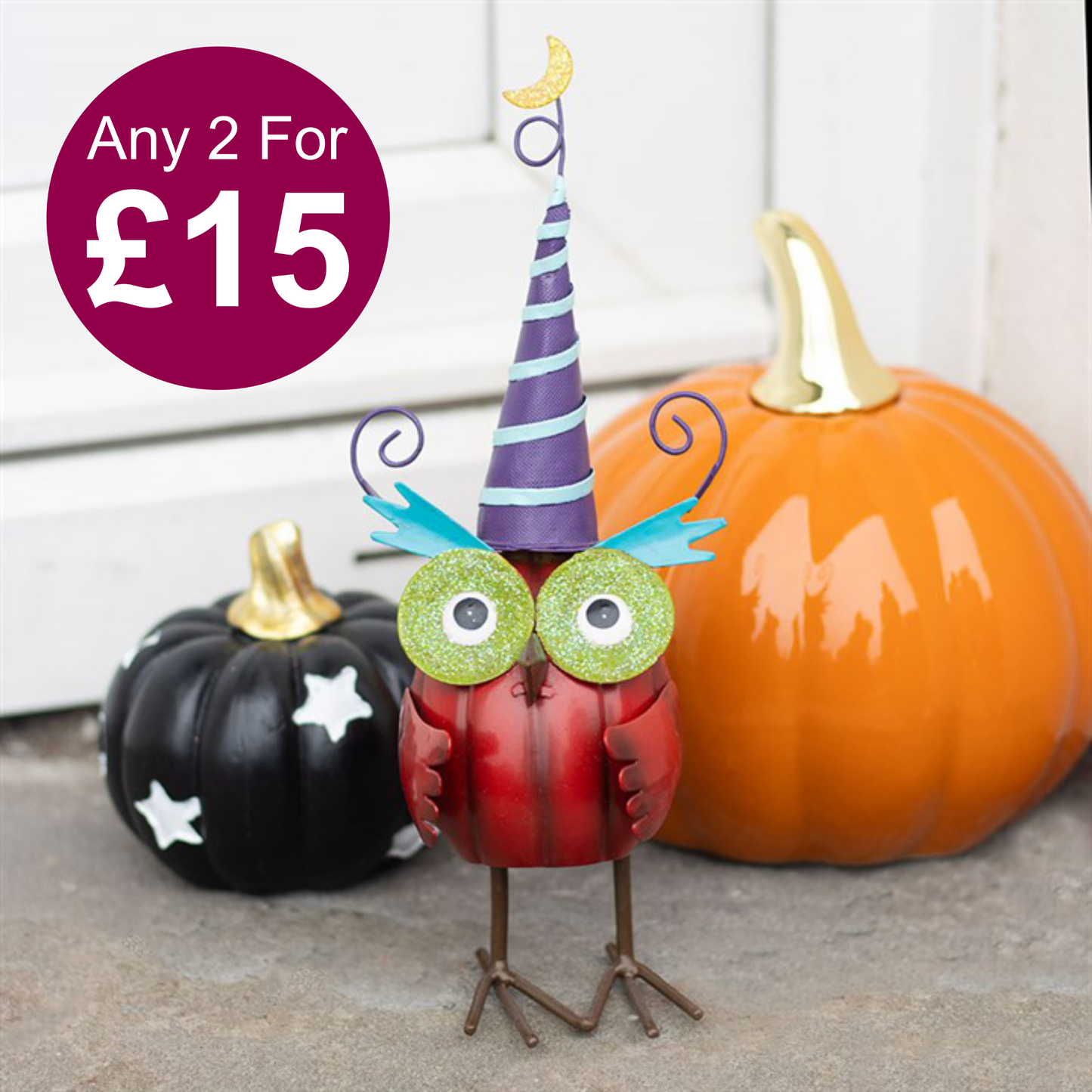 Red Metal Owl Ornament with Witch Hat