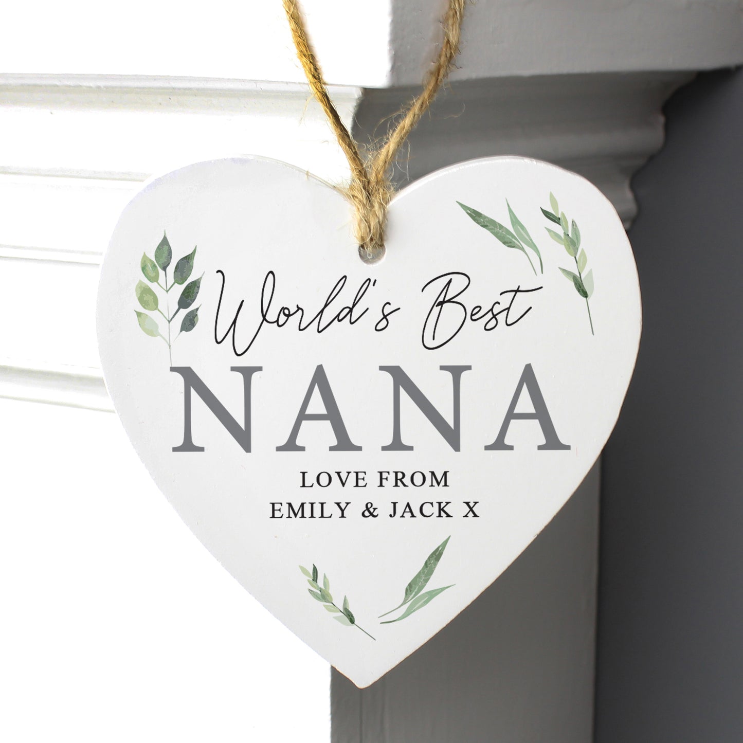 Personalised Botanical Script Wooden Heart Decoration