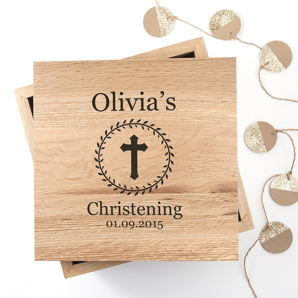Christening Cross Oak Photo Keepsake Box
