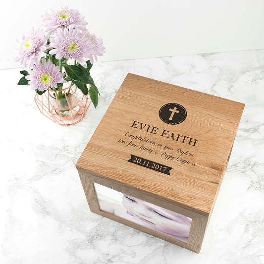 Christening Oak Photo Keepsake Box - Cross
