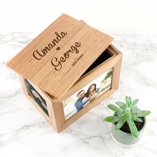 Personalised Name and Heart Midi Oak Photo Cube Keepsake Box