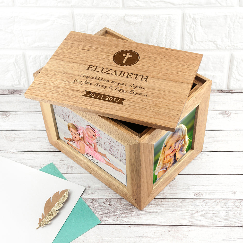 Personalised Christening Cross Midi Oak Photo Cube Keepsake Box