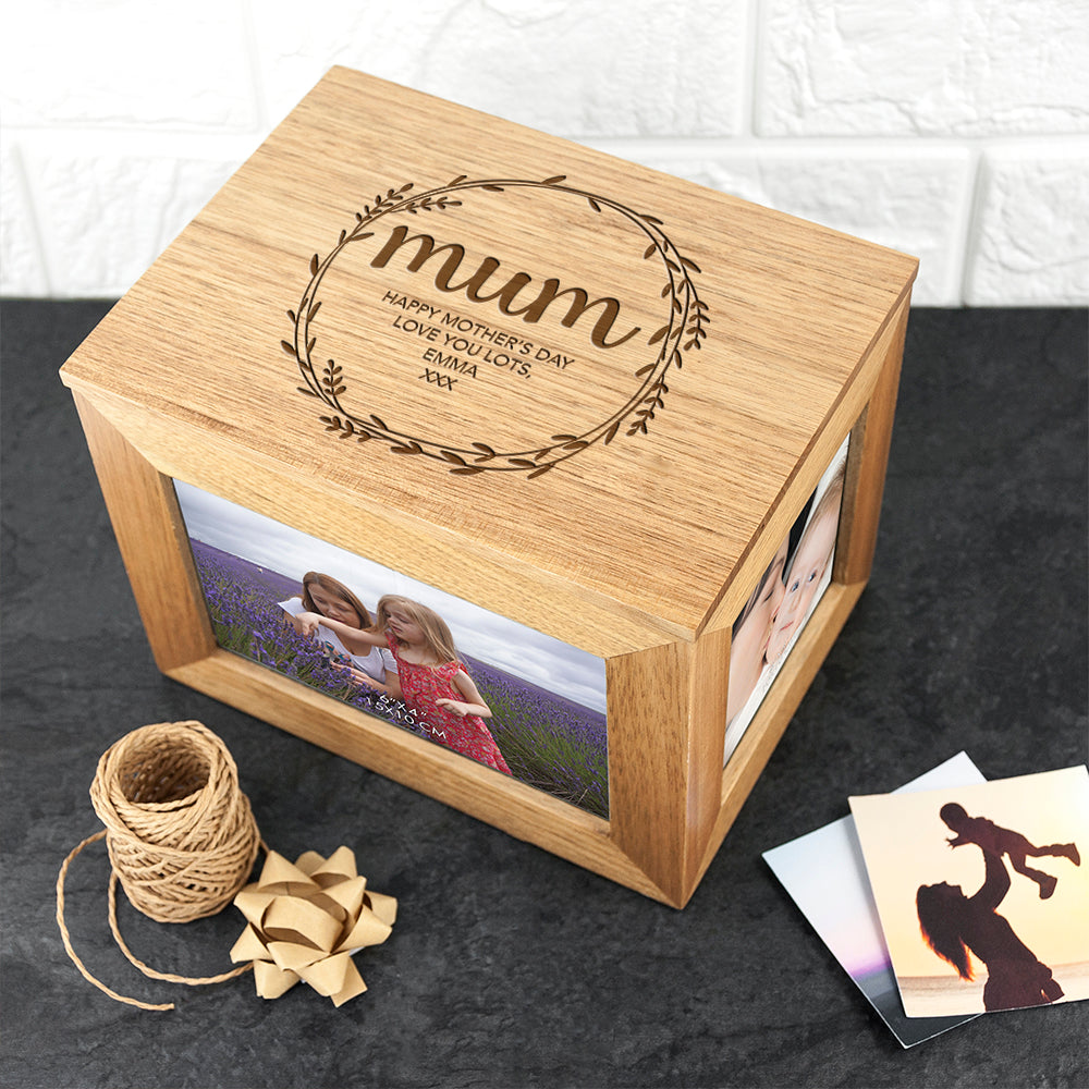 Personalised Oak Photo Keepsake Box – Midi Wreath Design