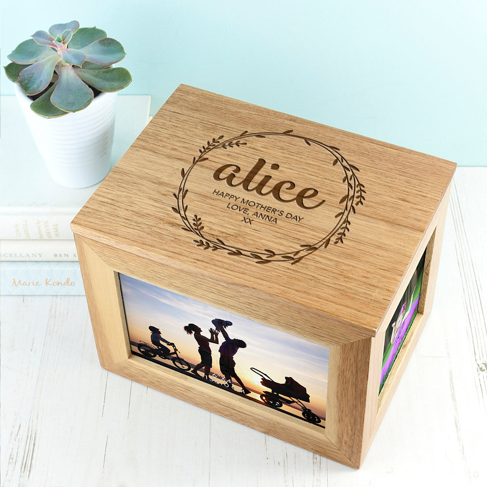 Personalised Oak Photo Keepsake Box – Midi Wreath Design