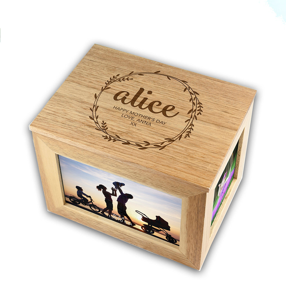 Personalised Oak Photo Keepsake Box – Midi Wreath Design