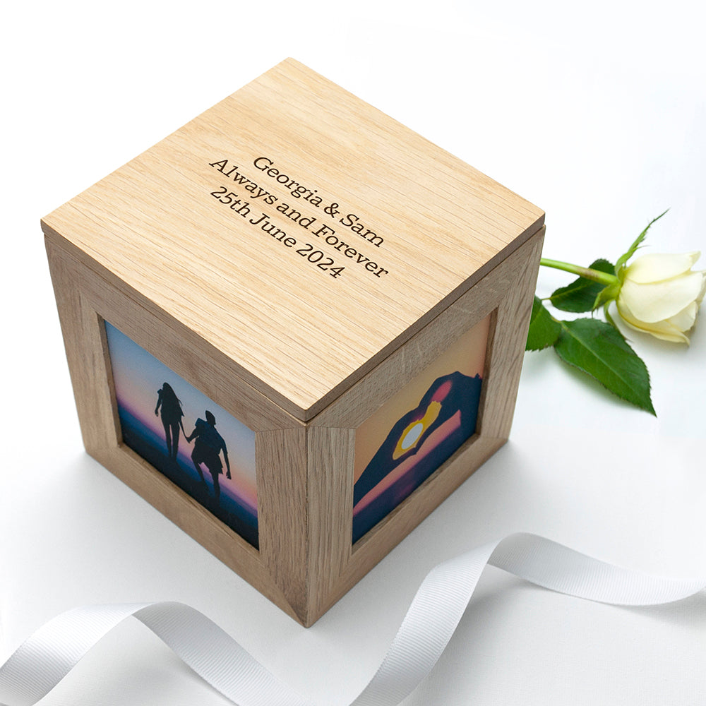 Personalised Oak Photo Cube Keepsake Box