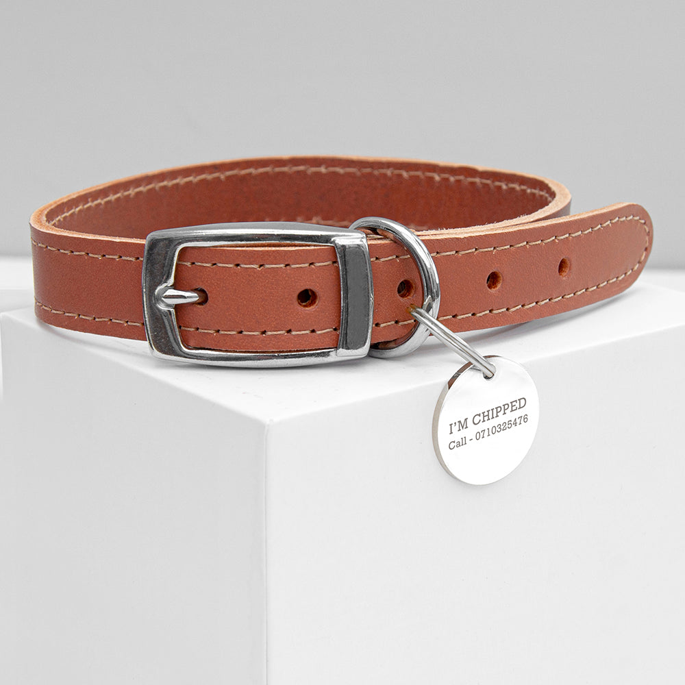 Personalised Classic Brown Leather Dog Collar with Tag