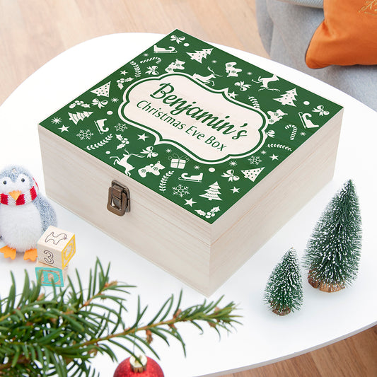 Festive Pattern Square Christmas Eve Box - Medium Green