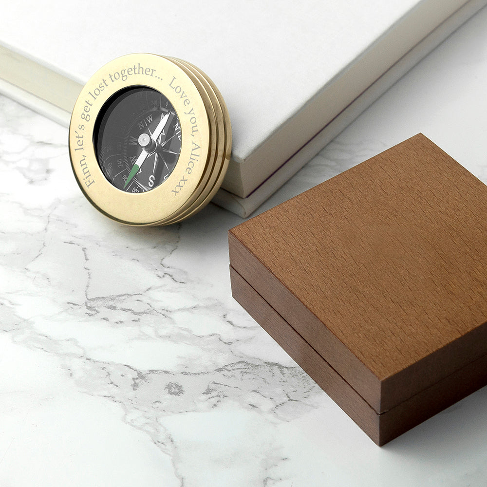 Personalised Brass Travellers Compass with Wooden Box