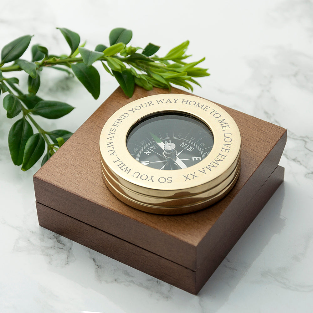 Personalised Brass Travellers Compass with Wooden Box