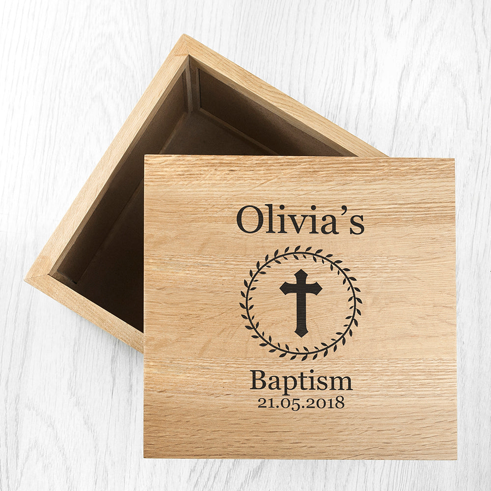 Christening Cross Oak Photo Keepsake Box
