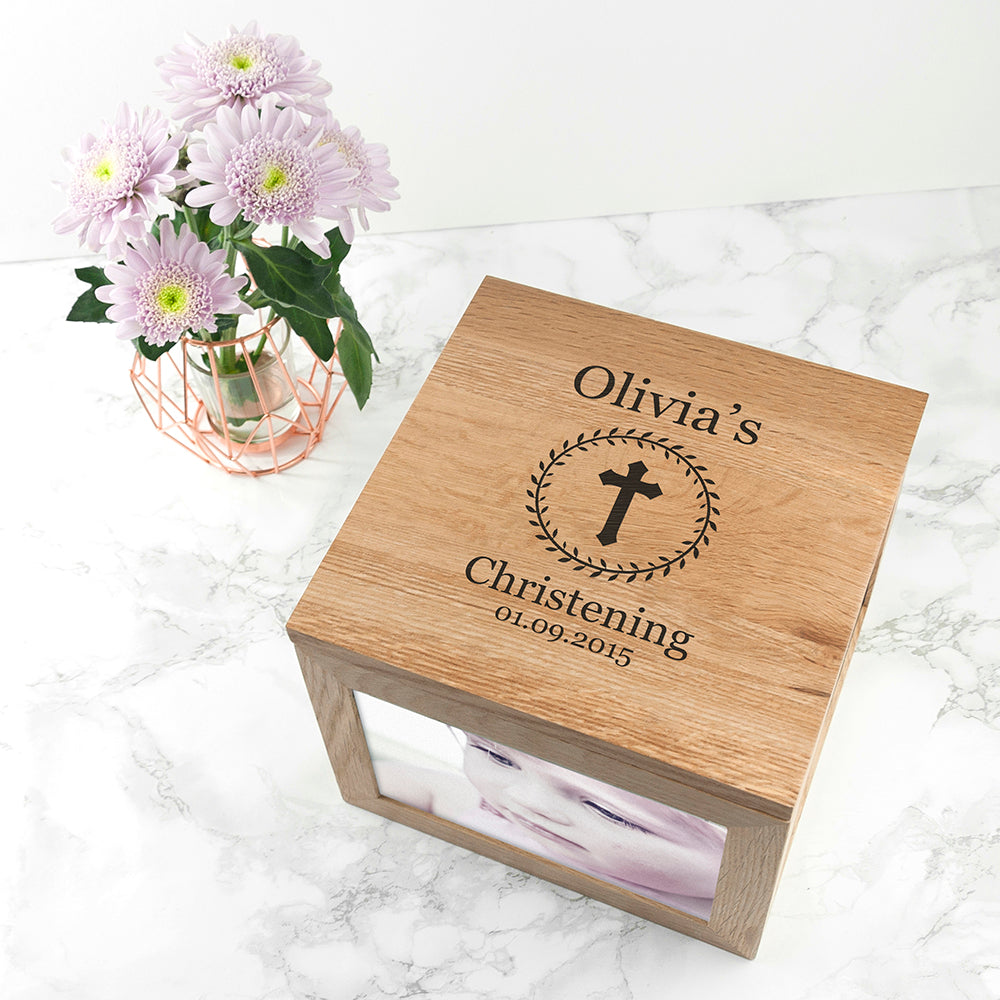 Christening Cross Oak Photo Keepsake Box
