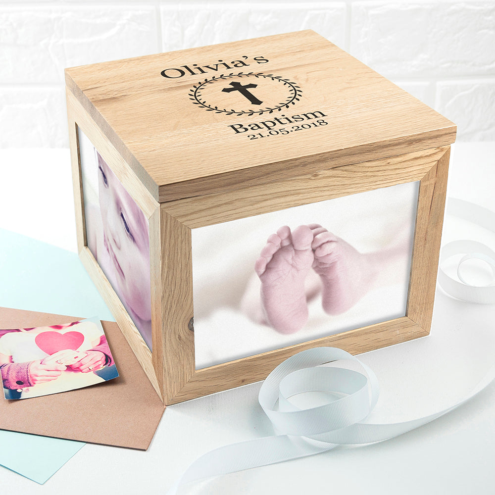 Christening Cross Oak Photo Keepsake Box