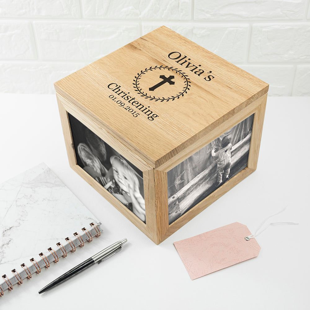 Christening Cross Oak Photo Keepsake Box