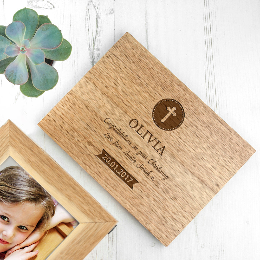 Personalised Christening Cross Midi Oak Photo Cube Keepsake Box