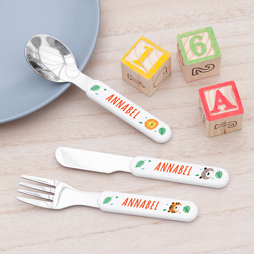 Personalised Kids Jungle Animal Cutlery Set - Metal
